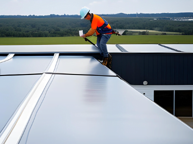 A man works to install a TPO roof